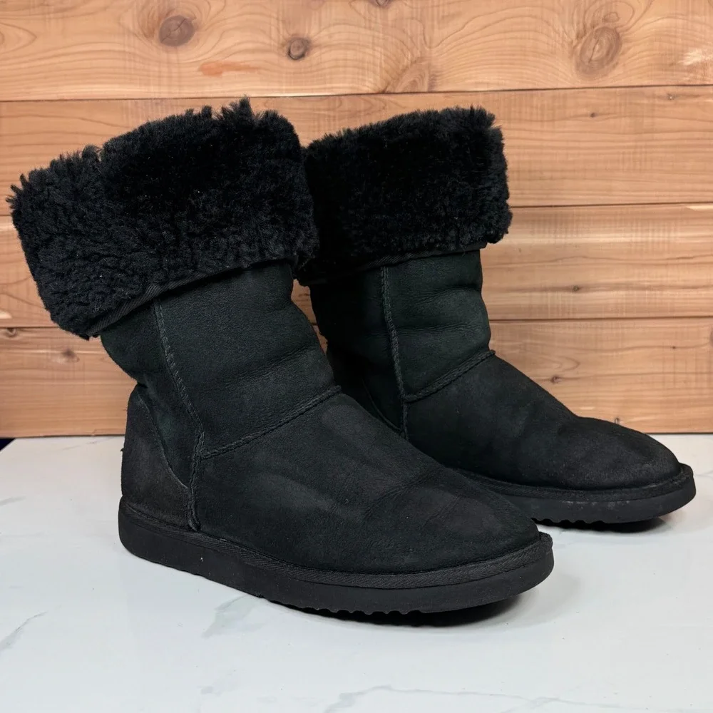 Black UGG Australia Tall Boots Sheepskin Fur Lined Fold‎ Over Cuff Women's 7
